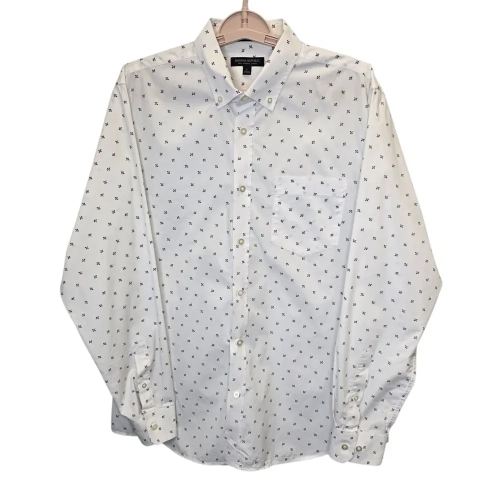 Banana Republic Mens L Tech Stretch Cotton White Blue Floral Pattern Shirt